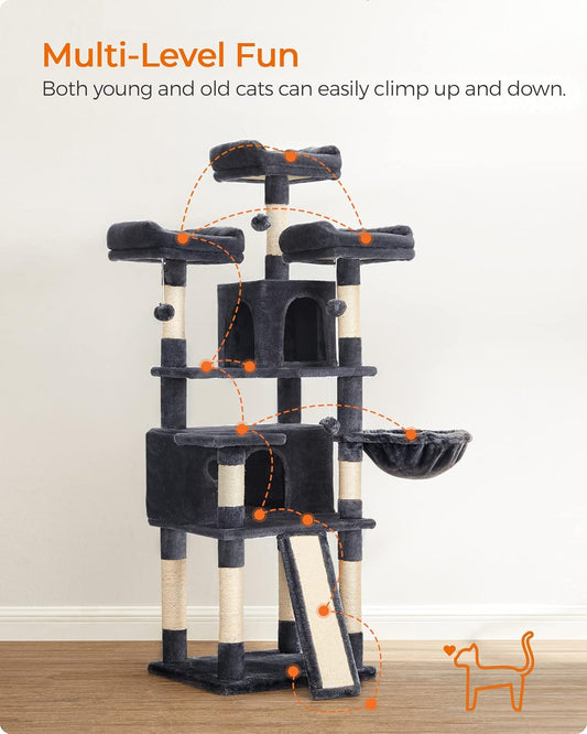 Cat Tree, Large Cat Tower, Cat Condo with Scratching Posts, Board, 2 Caves, 3 Plush Perches, Activity Center, 66.5 Inches, Smoky Gray UPCT019G01