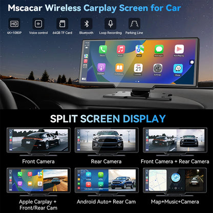 10.26” Wireless Apple Carplay Screen with Android Auto, 4K Dash Cam, Backup Camera, Bluetooth, GPS, Voice Control