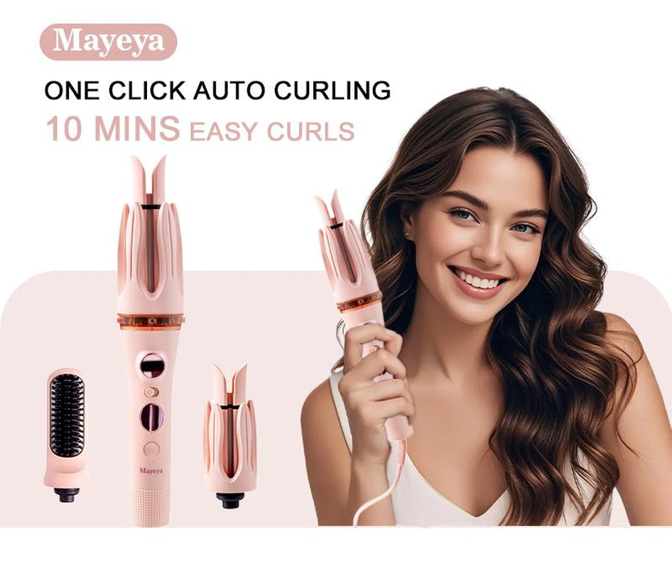Mayeya Automatic Curling & Straightening Iron - Pink Multifunctional Styler with Dual Swivel & Anti-Iron Feature - Heat Free Hair Waver for Natural Waves - Travel Friendly Lazy Curling Tool