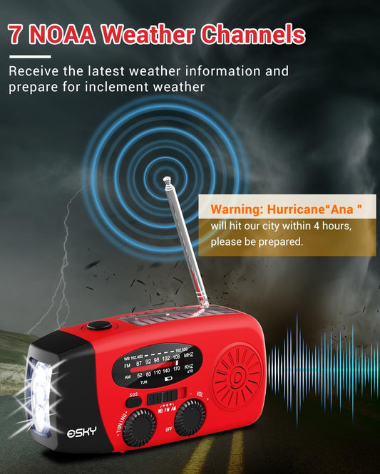 Emergency Hand Crank Radio 7400Mwh with 3 LED Flashlight, AM/FM/NOAA Portable Weather Radio with Power Bank Phone Charger, Solar Powered Rechargeable Radio for Indoor Survival Camping, SOS Alarm
