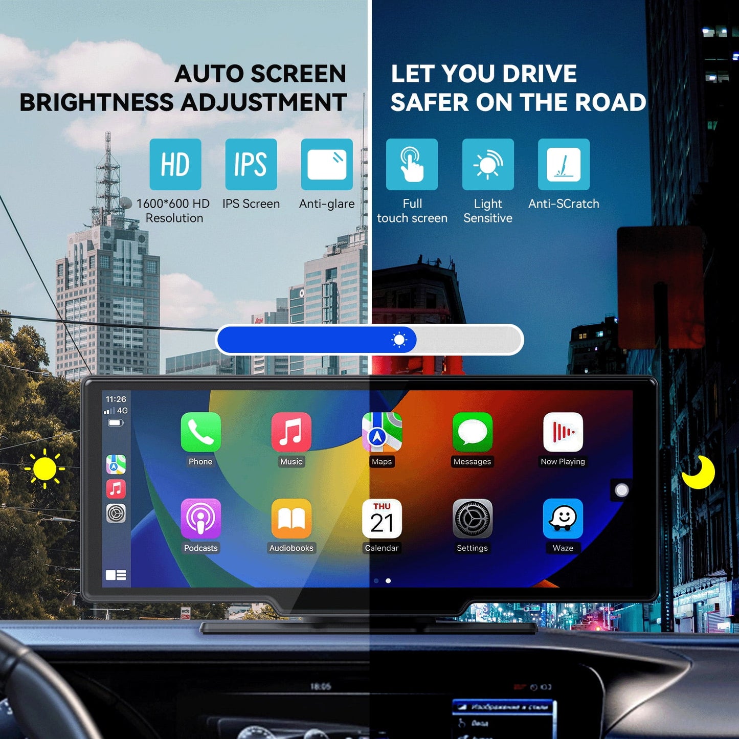 10.26” Wireless Apple Carplay Screen with Android Auto, 4K Dash Cam, Backup Camera, Bluetooth, GPS, Voice Control