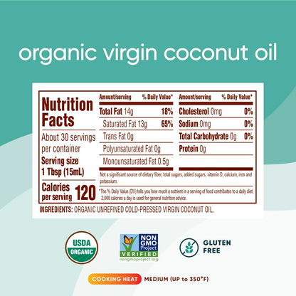 Organic, Cold-Pressed, Unrefined, Virgin Coconut Oil from Fresh, Non-Gmo, Sustainably Farmed Coconuts, 15 Fl Oz (Pack of 2)