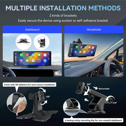 10.26” Wireless Apple Carplay Screen with Android Auto, 4K Dash Cam, Backup Camera, Bluetooth, GPS, Voice Control