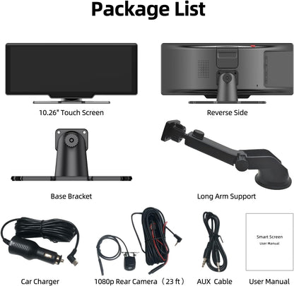 MHCABSR 10.26" Wireless Apple CarPlay & Android Auto Touch Screen with 4K Dash Cam and Backup Camera