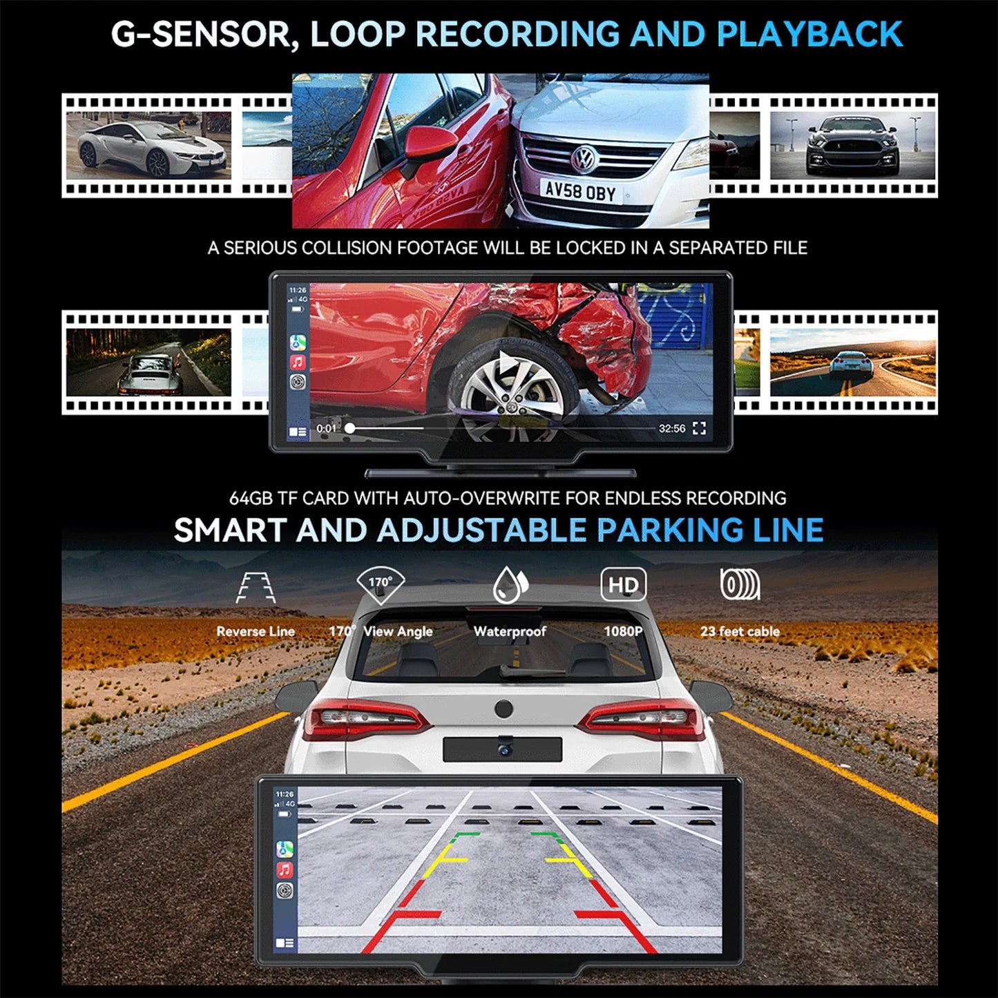 10.26” Wireless Apple Carplay Screen with Android Auto, 4K Dash Cam, Backup Camera, Bluetooth, GPS, Voice Control