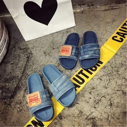 Denim Women's Cool Round Head Flat Slides Blue/Black