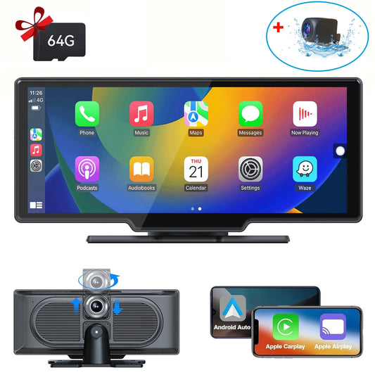 10.26” Wireless Apple Carplay Screen with Android Auto, 4K Dash Cam, Backup Camera, Bluetooth, GPS, Voice Control