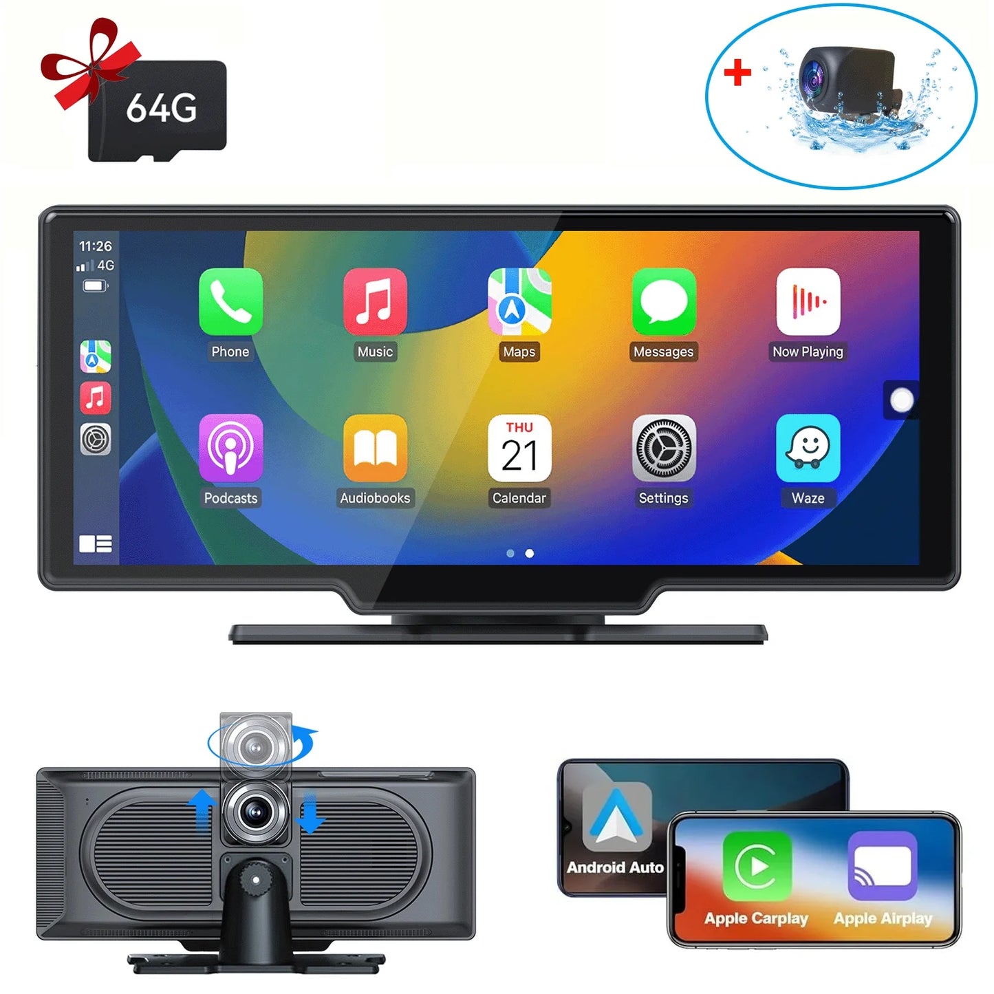 10.26” Wireless Apple Carplay Screen with Android Auto, 4K Dash Cam, Backup Camera, Bluetooth, GPS, Voice Control