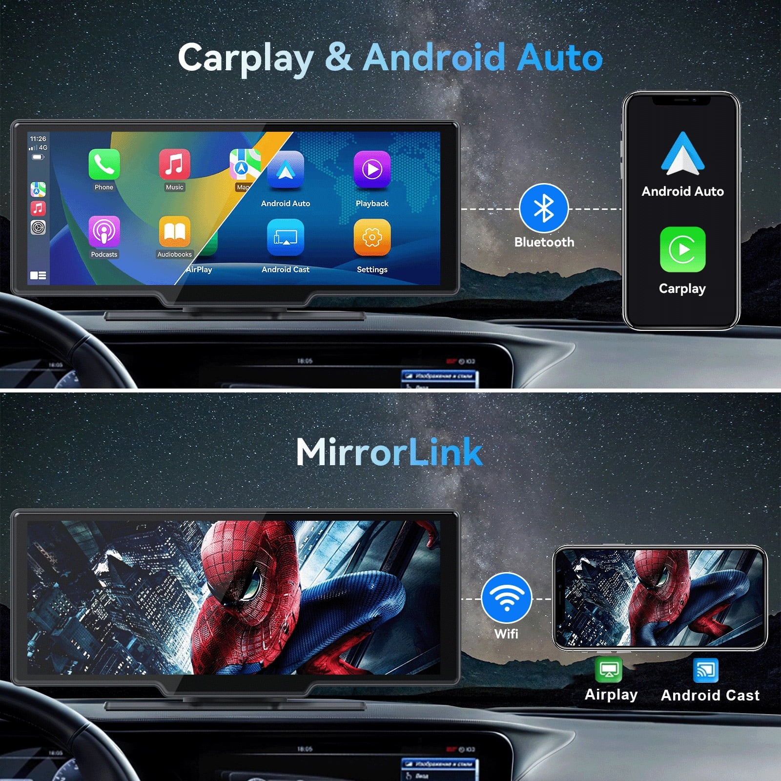 10.26” Wireless Apple Carplay Screen with Android Auto, 4K Dash Cam, Backup Camera, Bluetooth, GPS, Voice Control