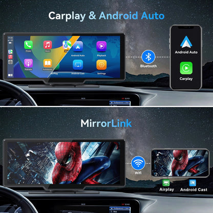 10.26” Wireless Apple Carplay Screen with Android Auto, 4K Dash Cam, Backup Camera, Bluetooth, GPS, Voice Control