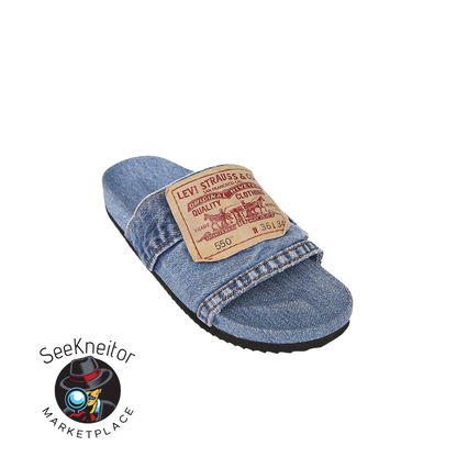 Denim Women's Cool Round Head Flat Slides Blue/Black