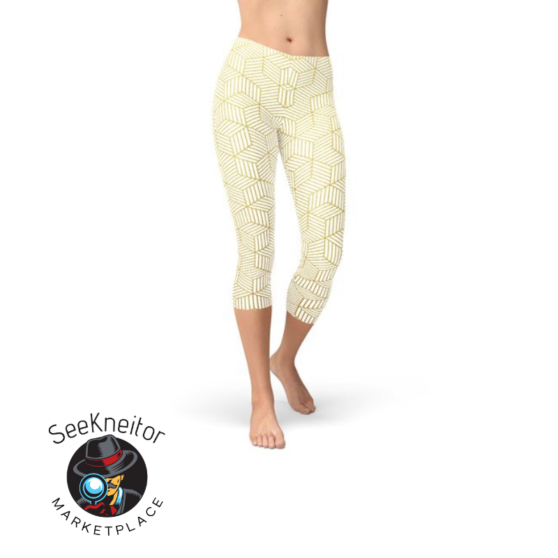 Womens White Capri Leggings w/ Geometric Cubes