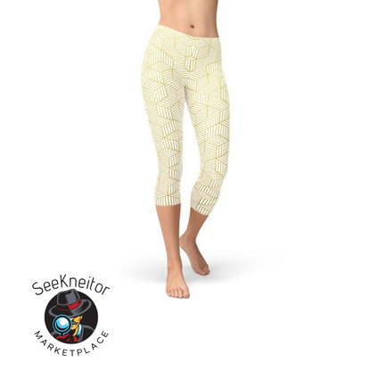 Womens White Capri Leggings w/ Geometric Cubes