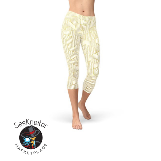 Womens White Capri Leggings w/ Geometric Cubes