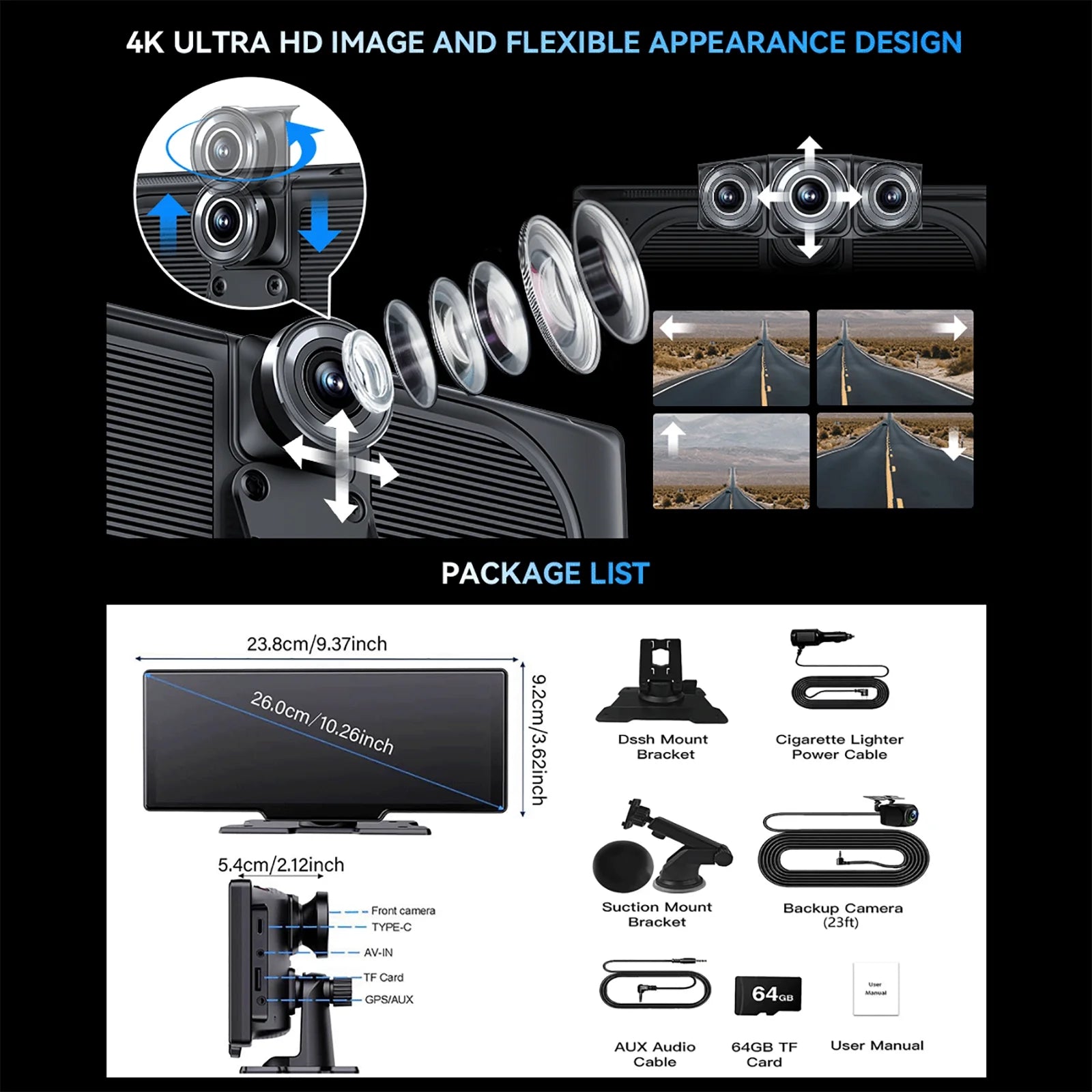 10.26” Wireless Apple Carplay Screen with Android Auto, 4K Dash Cam, Backup Camera, Bluetooth, GPS, Voice Control