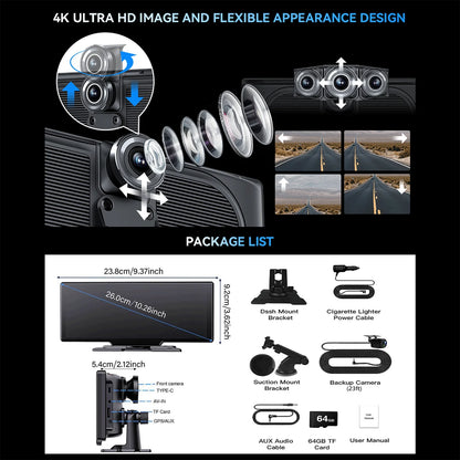 10.26” Wireless Apple Carplay Screen with Android Auto, 4K Dash Cam, Backup Camera, Bluetooth, GPS, Voice Control