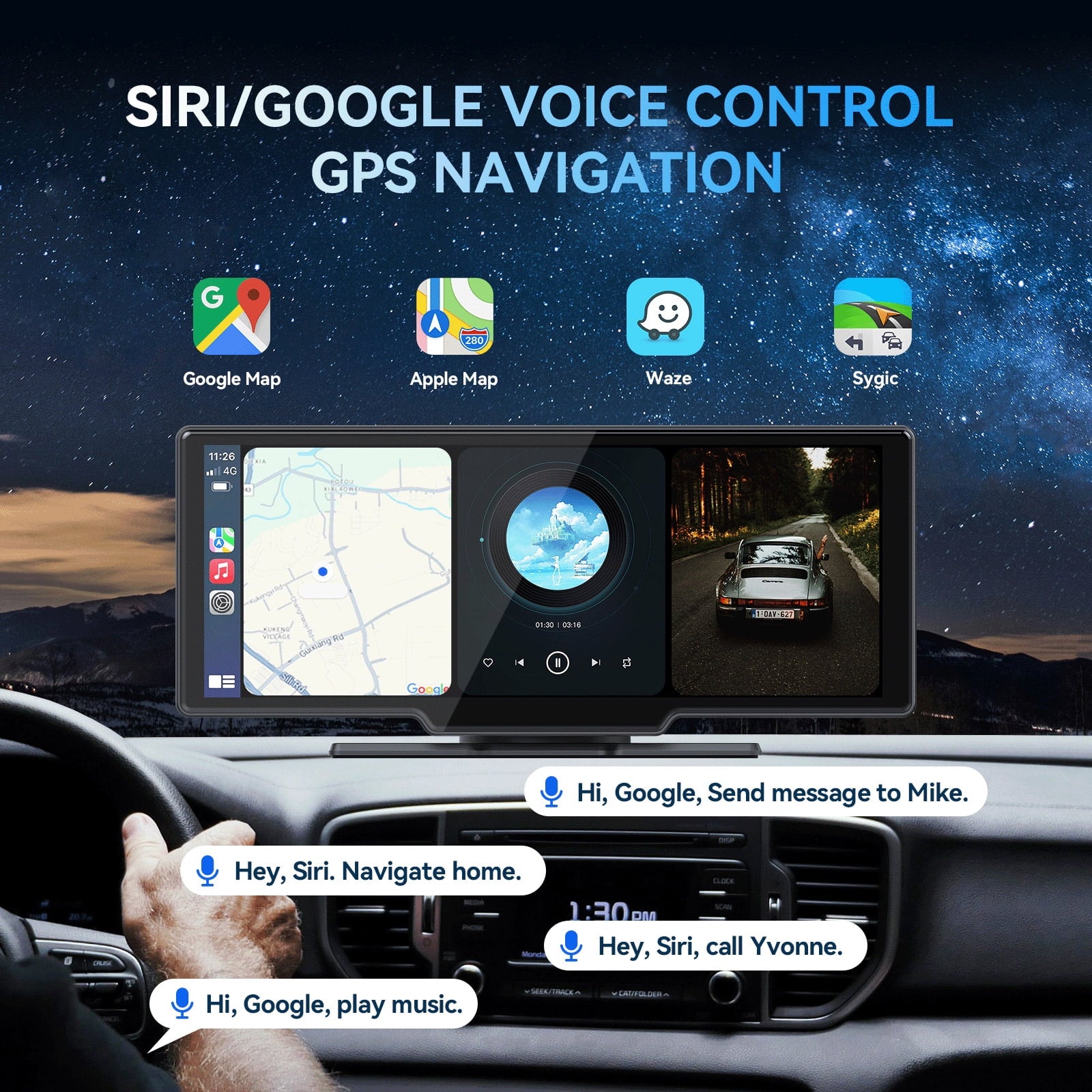 10.26” Wireless Apple Carplay Screen with Android Auto, 4K Dash Cam, Backup Camera, Bluetooth, GPS, Voice Control