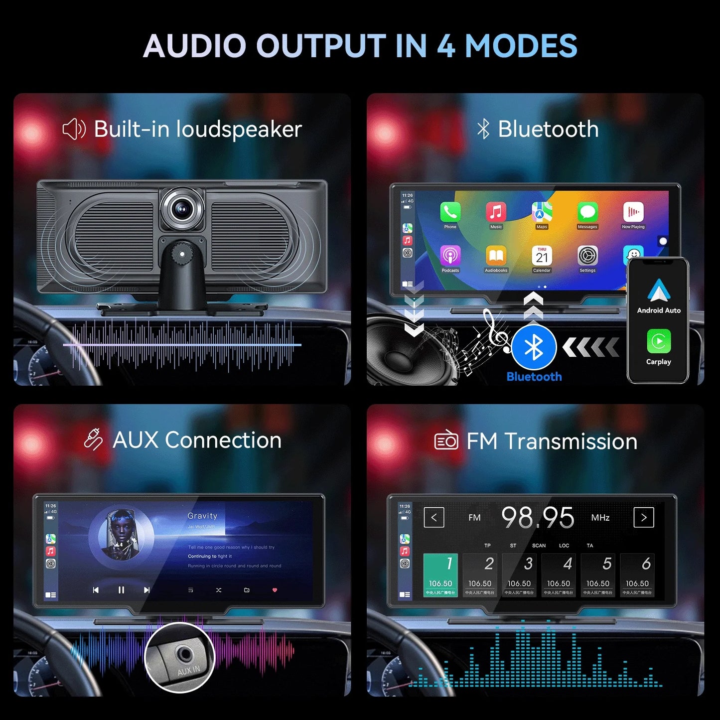 10.26” Wireless Apple Carplay Screen with Android Auto, 4K Dash Cam, Backup Camera, Bluetooth, GPS, Voice Control
