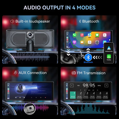 10.26” Wireless Apple Carplay Screen with Android Auto, 4K Dash Cam, Backup Camera, Bluetooth, GPS, Voice Control